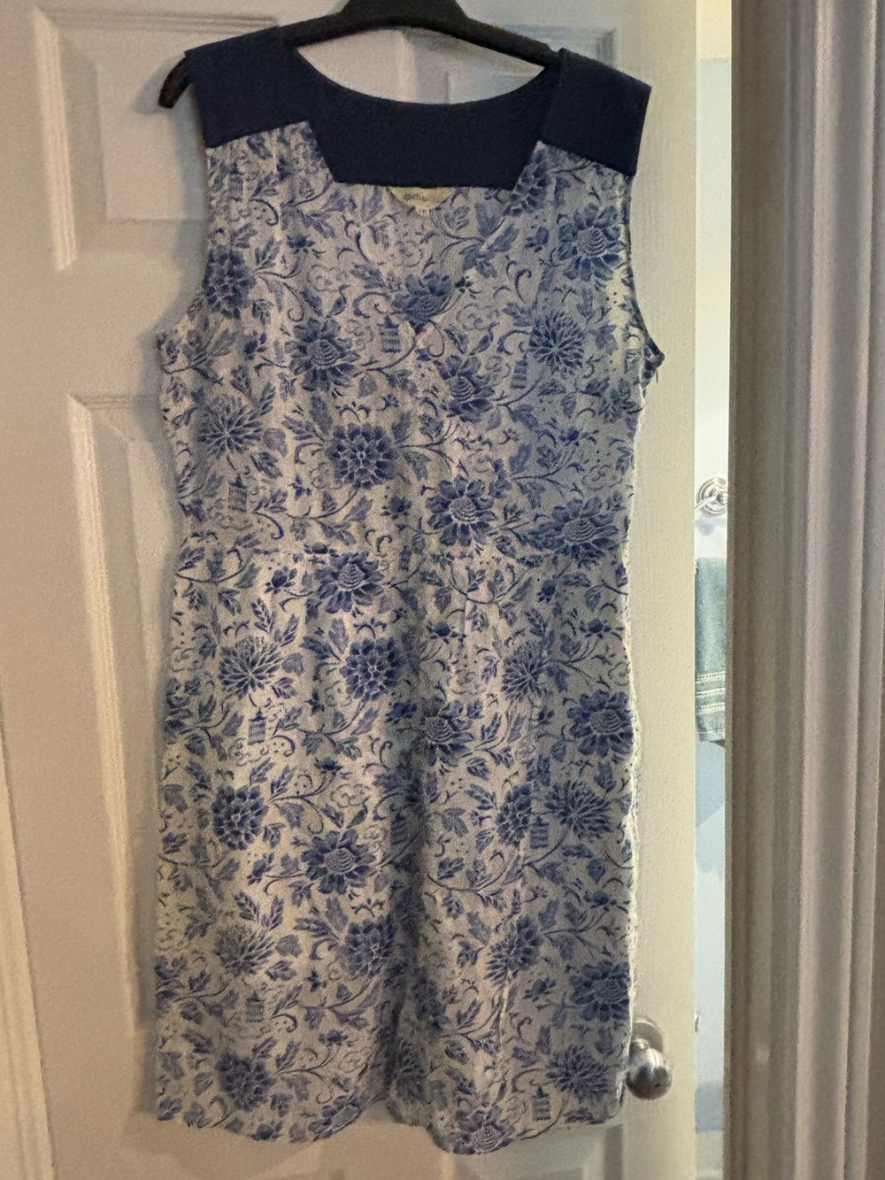 Sleeveless Blue Floral Midi Dress with Navy Yoke Detail